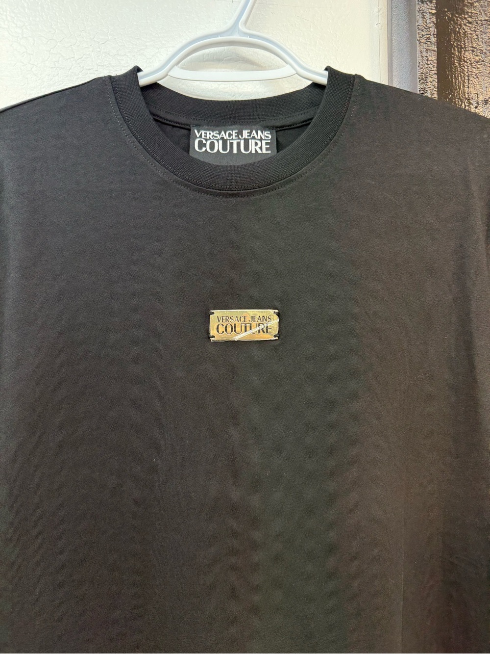 Versace Black Short-Sleeve Tee with Gold Logo Plaque